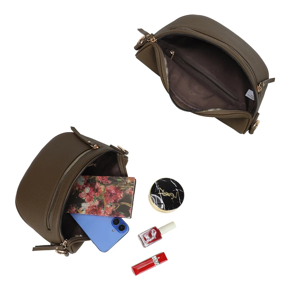 Intérieur du Léonie vert foncé : compartiment principal zippé avec poche intérieure, téléphone et maquillage – réf. Z-83051-8