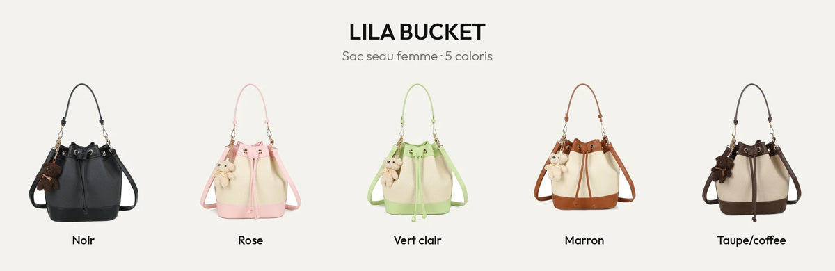 Sac seau Lila Bucket en 5 coloris : noir, rose, vert clair, marron et taupe/coffee – Gallantry Paris – réf. KJ-62050-2