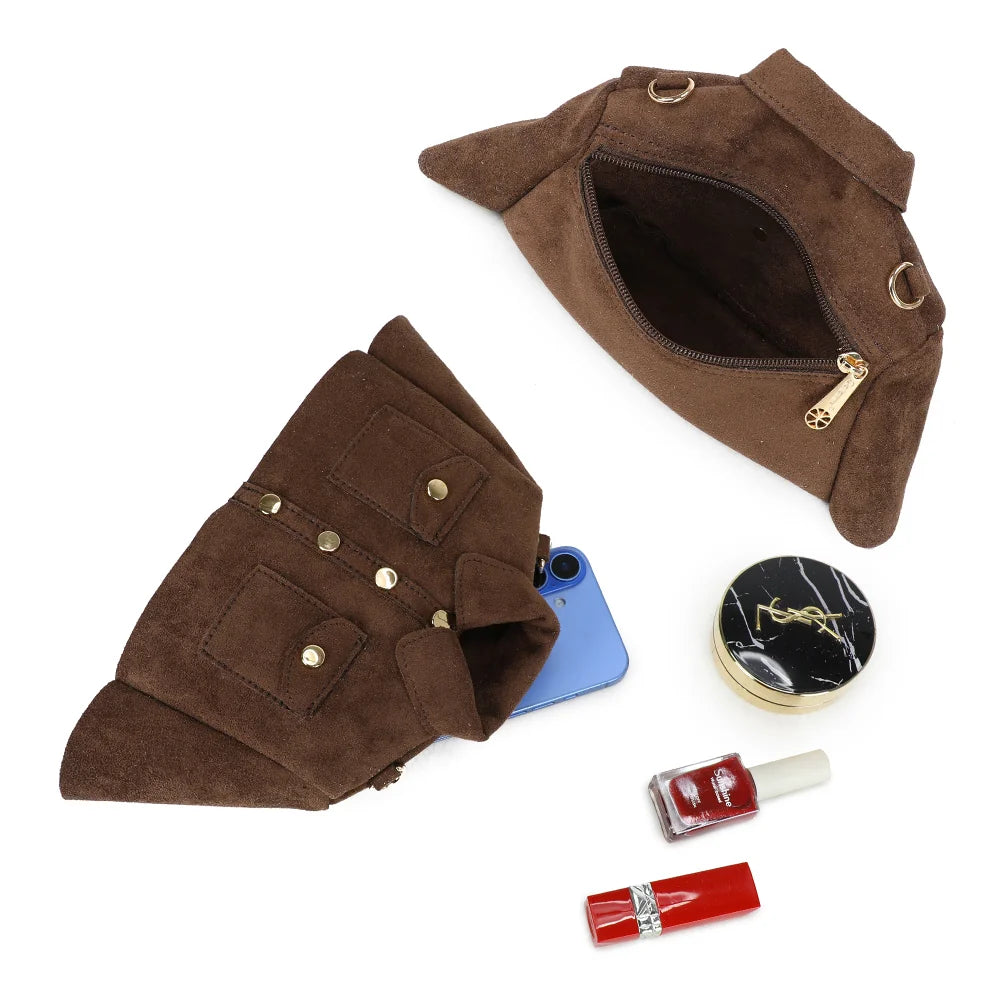 Intérieur du sac Lily café : compartiment zippé et doublure synthétique pour téléphone et rouge à lèvres – réf. R-2034