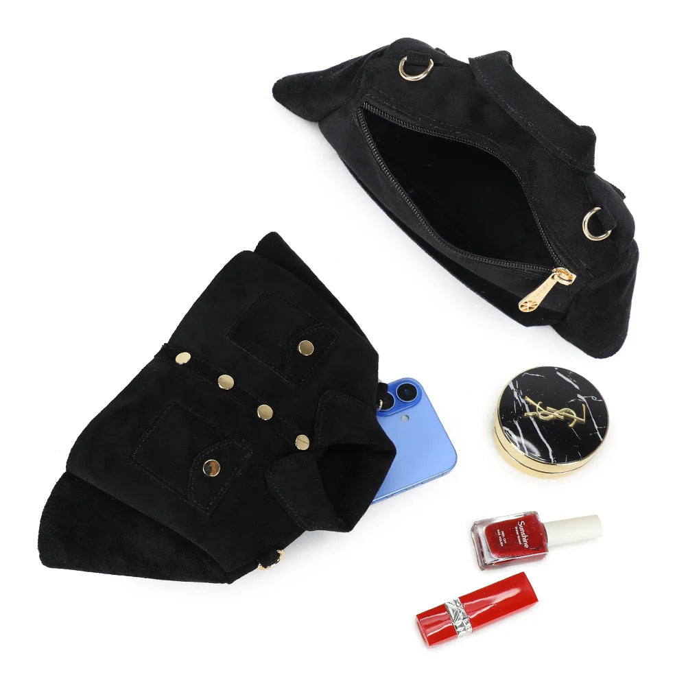 Intérieur du sac Lily noir : compartiment zippé et doublure synthétique pour téléphone et rouge à lèvres – réf. R-2034