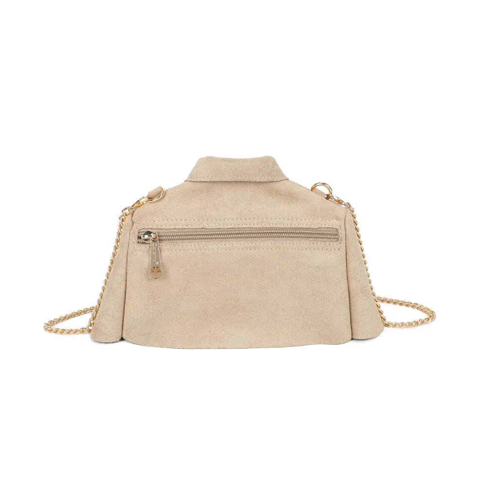 Dos du sac Lily taupe, finition synthétique effet suédine douce et silhouette nette de petite veste – réf. R-2034