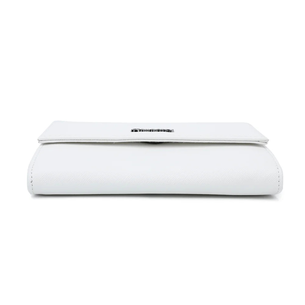 Dessous de la pochette Lina blanc, base plate et nette en synthétique à la texture saffiano – réf. L-86006