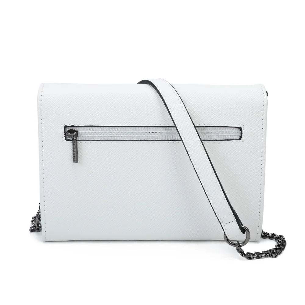 Dos de la pochette Lina blanc, surface synthétique texturée type saffiano et coutures ton sur ton – réf. L-86006