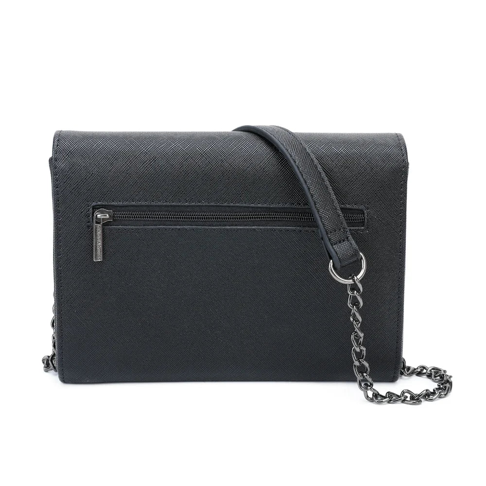 Dos de la pochette Lina noir, surface synthétique texturée type saffiano et coutures ton sur ton – réf. L-86006