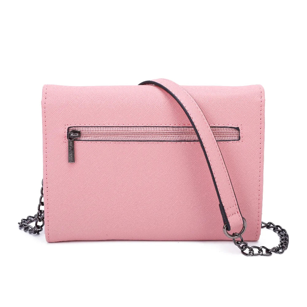 Dos de la pochette Lina rose, surface synthétique texturée type saffiano et coutures ton sur ton – réf. L-86006