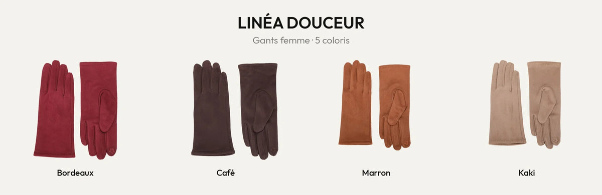 Gants femme tactiles Linéa Douceur en 5 coloris : Noir, Bordeaux, Coffee, Marron et Khaki – Gallantry Paris – réf. HZ-77002