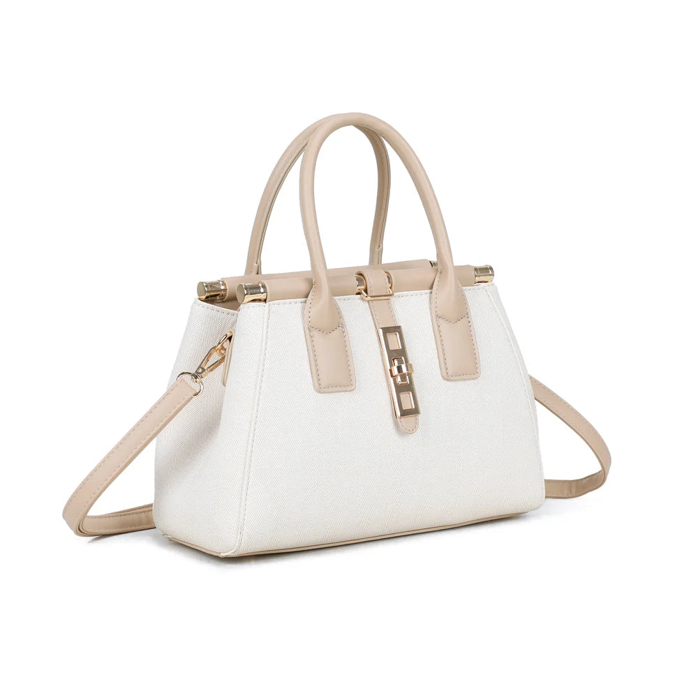 Loria Signature beige/taupe vu de trois quarts : silhouette structurée et cadre à embouts dorés – réf. A-9165