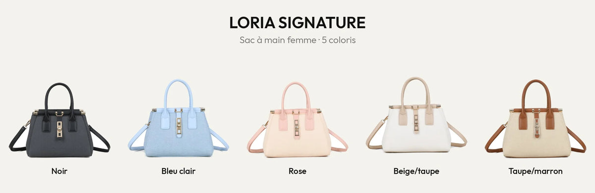 Sac à main femme Loria Signature en 5 coloris : Noir, Bleu Clair, Rose, Beige/Taupe et Taupe/Marron – Gallantry Paris – réf. A-9165