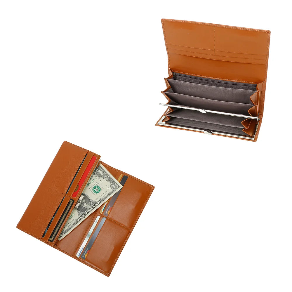 Intérieur du Loulou camel : fentes pour cartes, compartiments à billets et soufflets à armature – réf. FD-81001