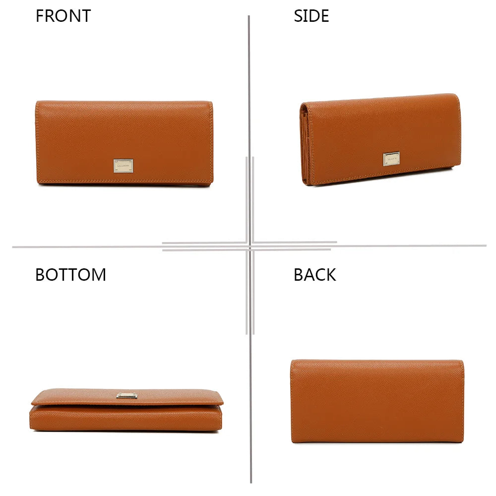 Loulou camel sous quatre angles : face, profil, dessous et dos du portefeuille – réf. FD-81001
