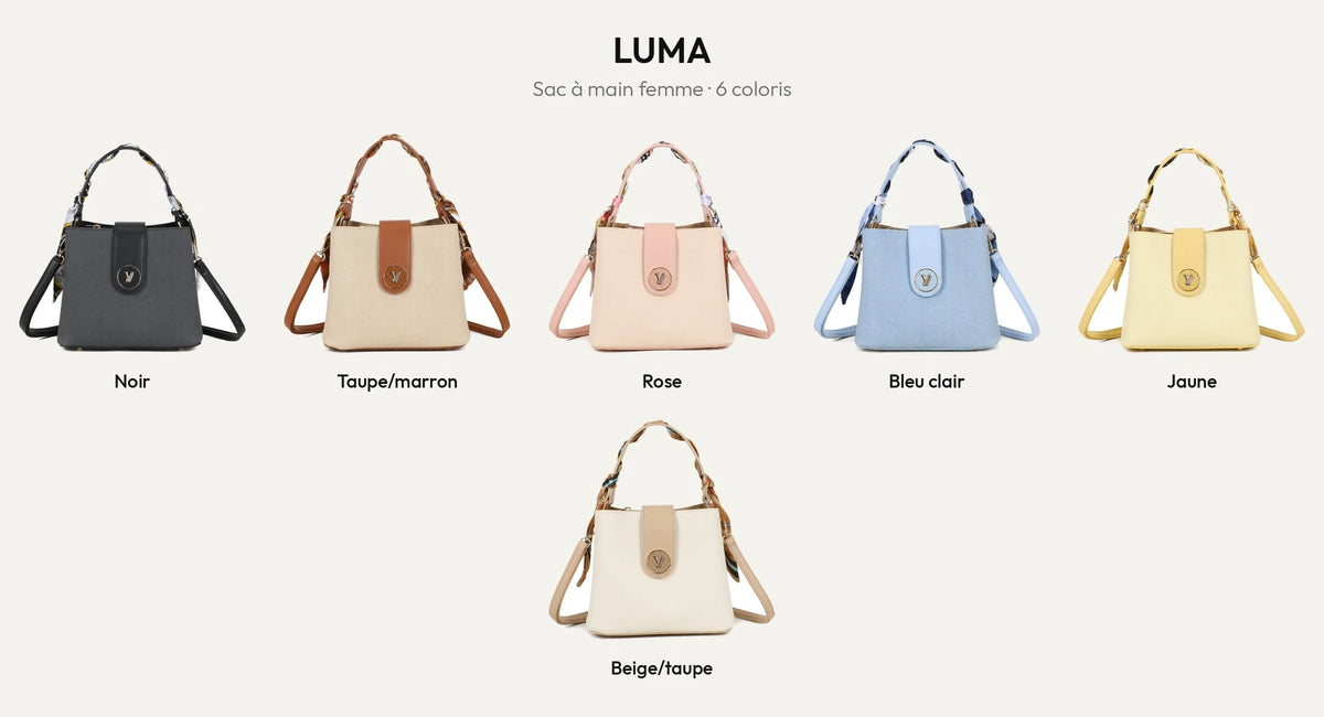 Le sac à main femme Luma en 6 coloris : Noir, Taupe/Marron, Rose, Bleu Clair, Jaune et Beige/Taupe – Gallantry Paris – réf. A-9146
