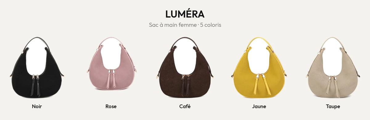 Sac à main demi-lune Luméra en 5 coloris : noir, rose, coffee, jaune et taupe – Gallantry Paris – réf. A-9151