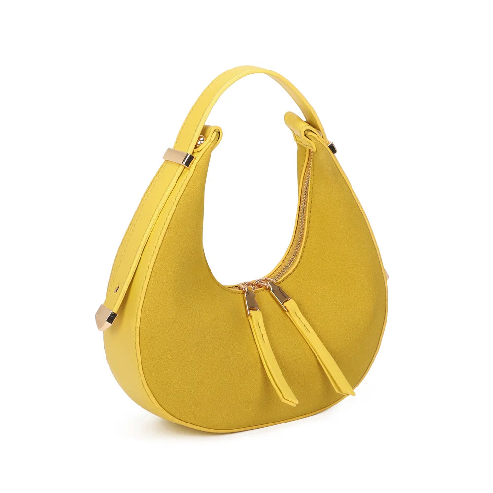 Luméra jaune de trois quarts : silhouette arrondie, anse épaule et boucles dorées sur les côtés – réf. A-9151