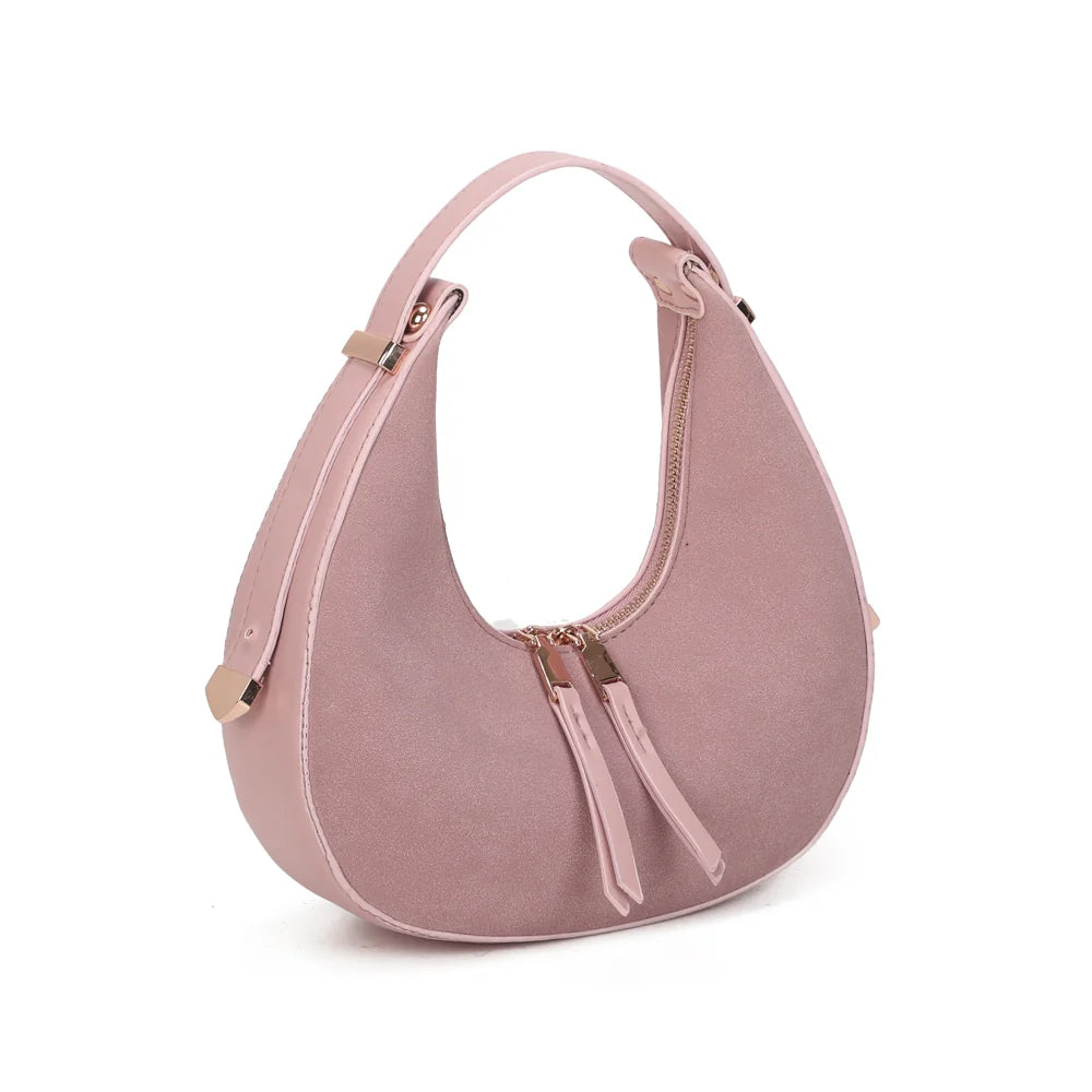 Luméra rose de trois quarts : silhouette arrondie, anse épaule et boucles dorées sur les côtés – réf. A-9151