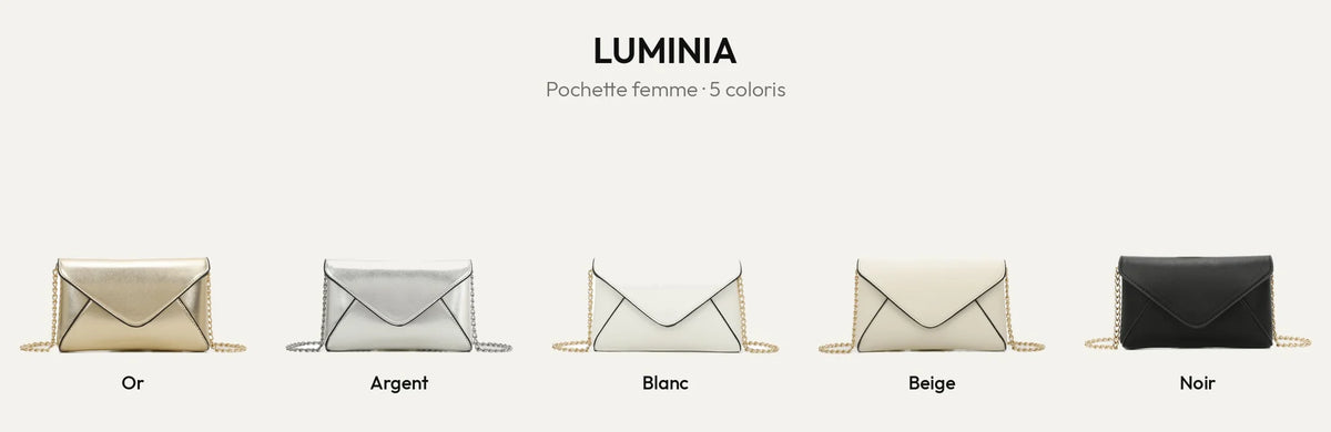 Pochette enveloppe femme Luminia en Or, Argent, Blanc, Beige et Noir – Gallantry Paris – réf. R-1702