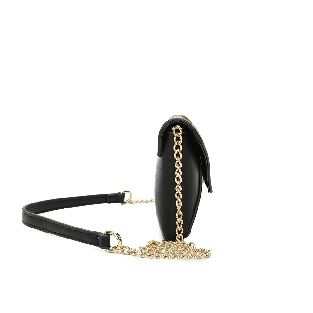 Profil de la pochette Luminia noir : format fin de 3 cm, facile à glisser partout – réf. R-1702