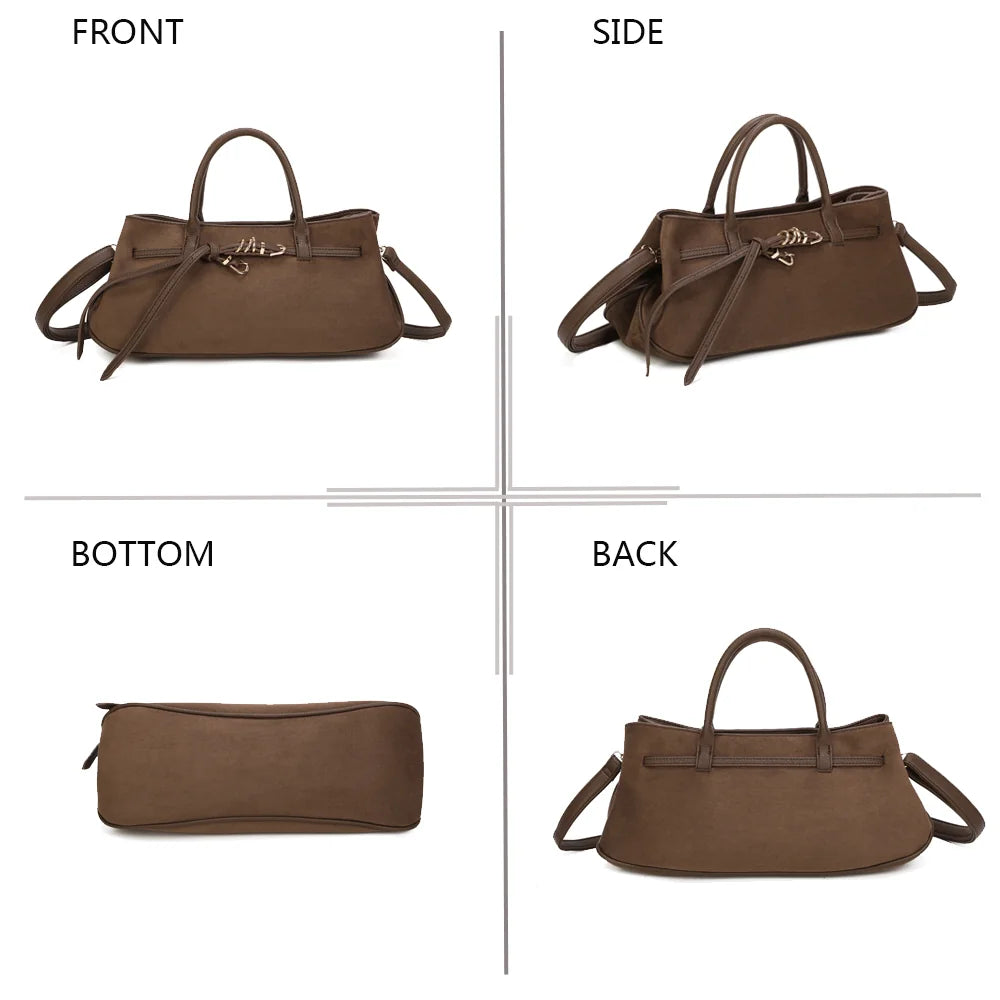 Lunéa café sous quatre angles : face, côté, dessous et dos du sac à main – réf. R-2022-1