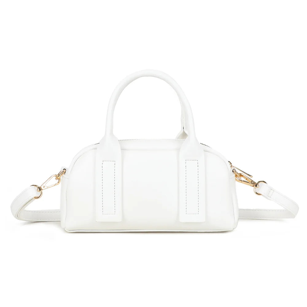 Dos du sac Lya blanc : surface synthétique lisse, pattes d’anses surpiquées et silhouette compacte – réf. KJ-62067