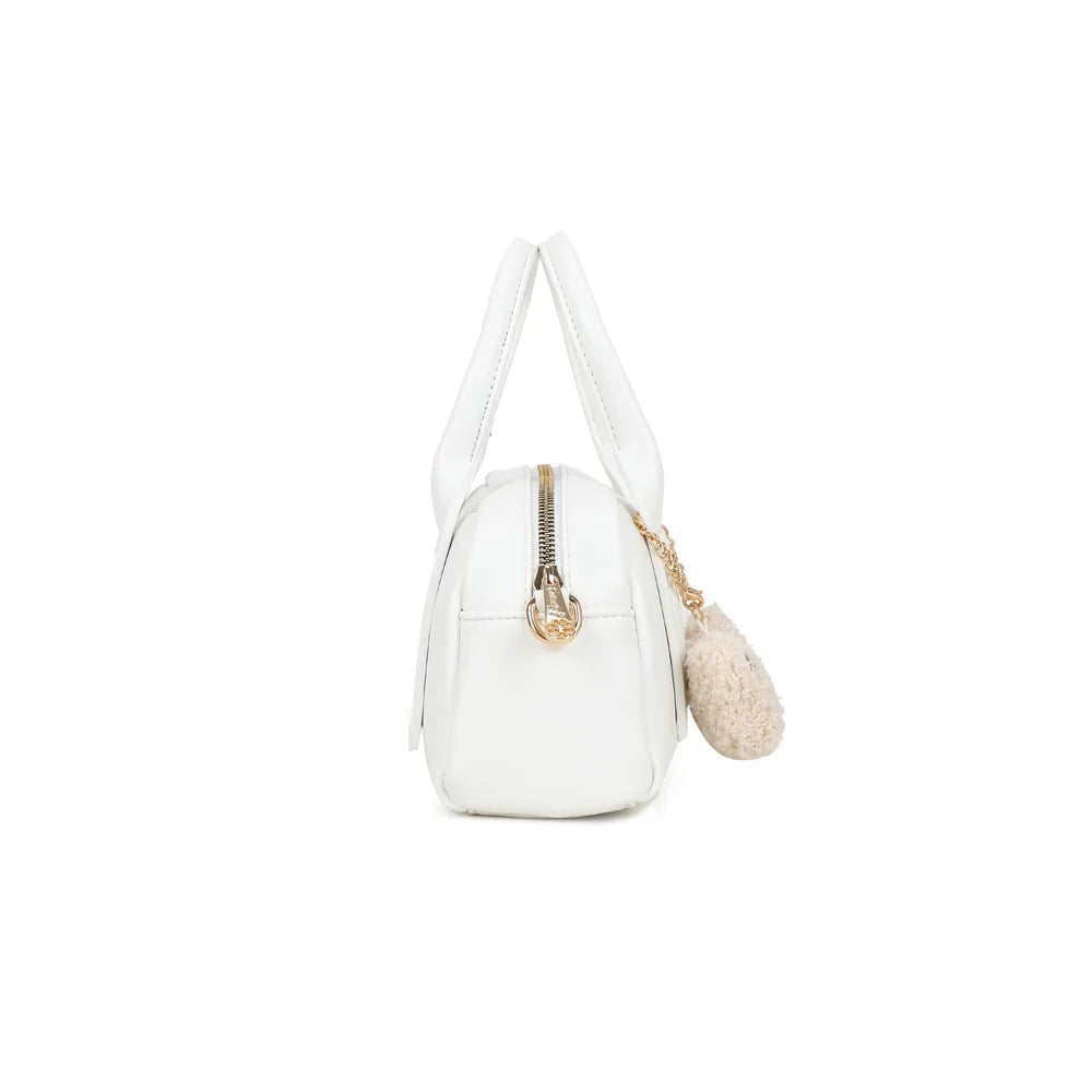 Profil du Lya blanc avec anneau doré et mousqueton pour accrocher la bandoulière amovible – réf. KJ-62067