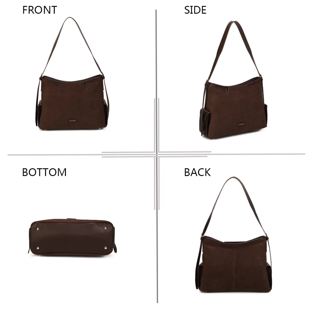 Lyséa café sous quatre angles : face, côté, dessous et dos du sac effet daim – réf. R-2020