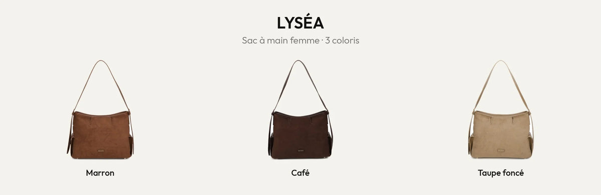 Sac à main Lyséa effet daim en trois coloris : Marron, Coffee et Taupe foncé – Gallantry Paris – réf. R-2020