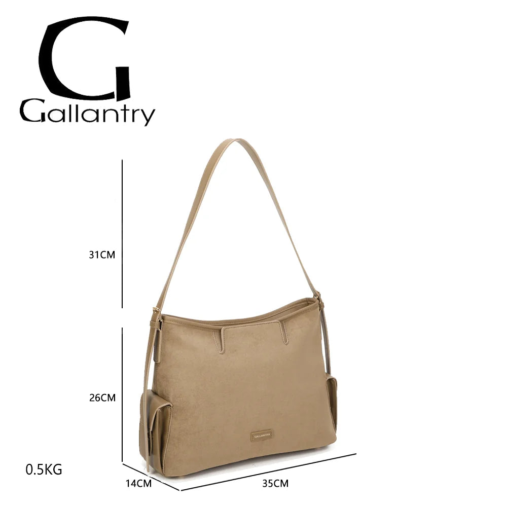 Dimensions du Lyséa taupe foncé : 35 × 14 × 25 cm, anse de 31 cm, poids 0,5 kg – réf. R-2020