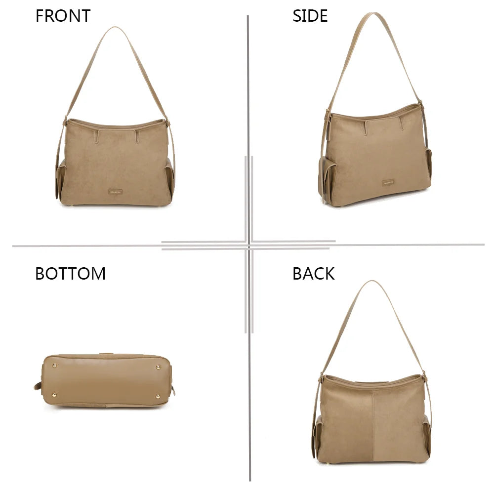 Lyséa taupe foncé sous quatre angles : face, côté, dessous et dos du sac effet daim – réf. R-2020