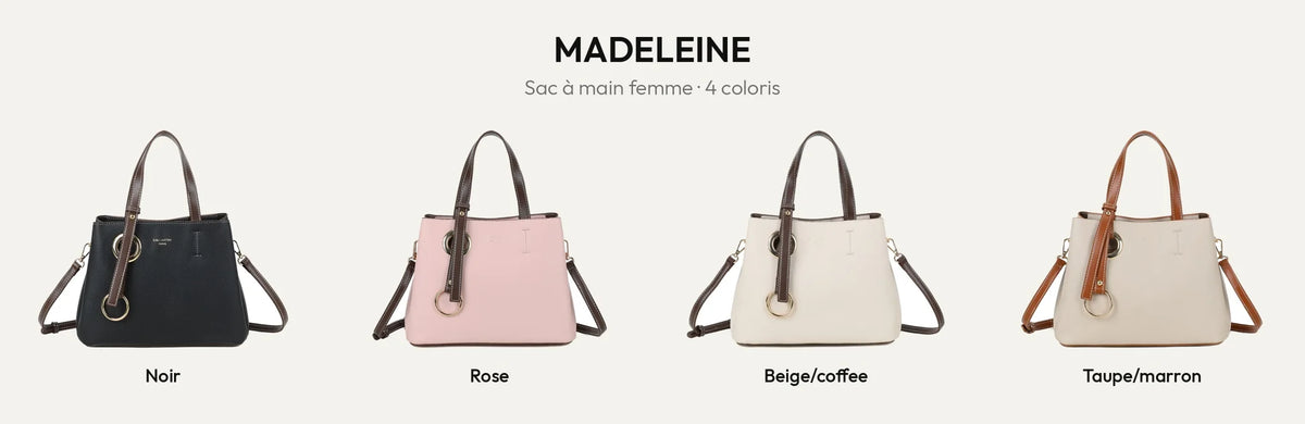 Sac à main Madeleine en quatre coloris : noir, rose, beige/coffee et taupe/marron – Gallantry Paris – réf. DG-5815