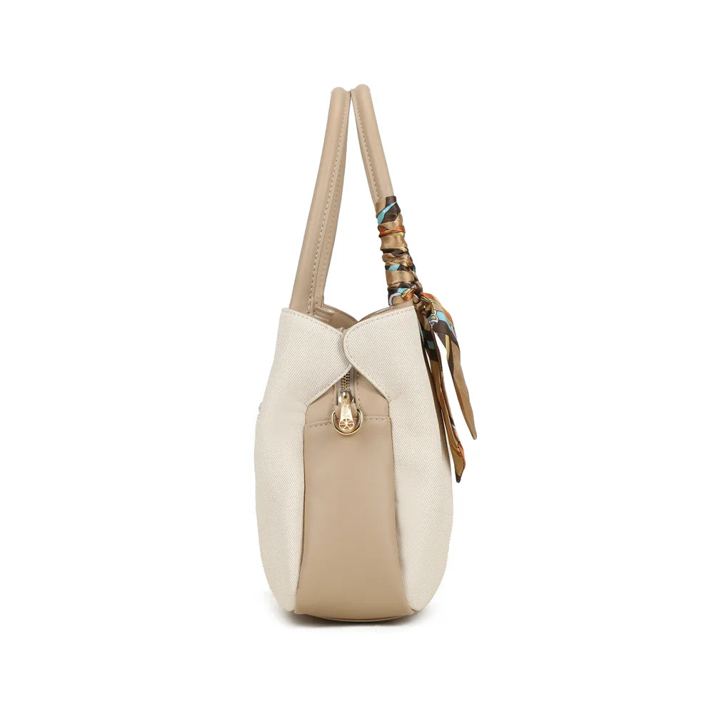 Profil du Mademoiselle Canvas beige/taupe : côté en synthétique lisse et anneau doré pour la bandoulière – réf. A-9157