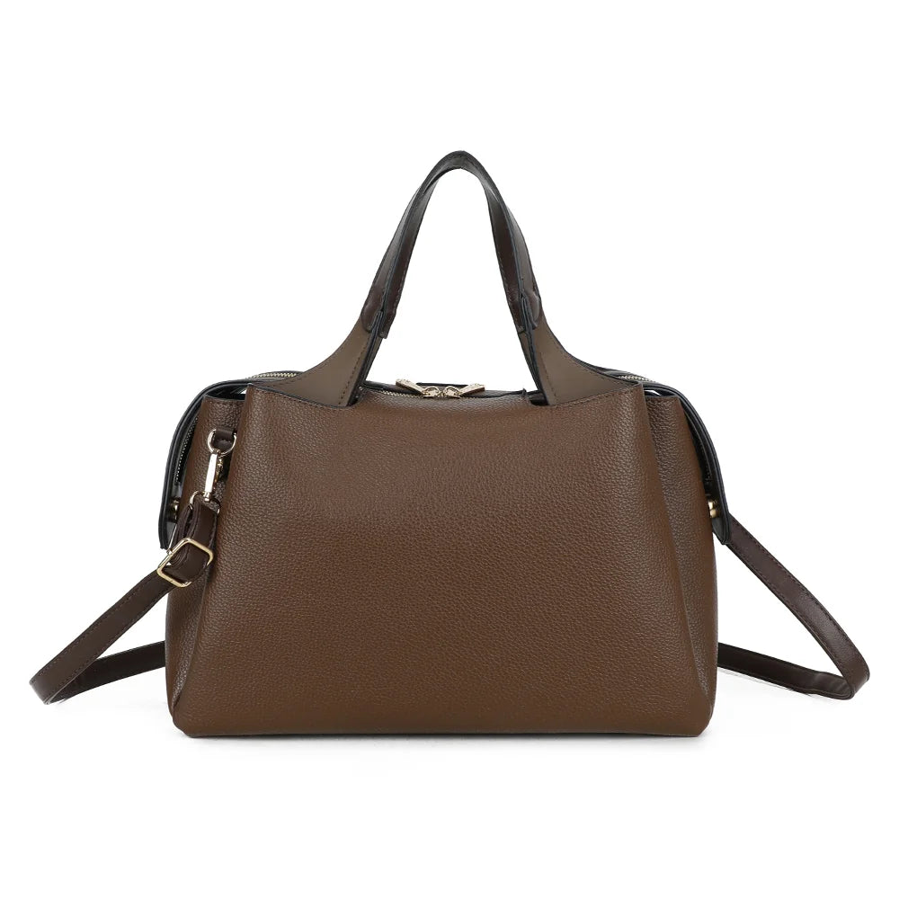 Dos du Madison Chic café : simili cuir grainé uni et poignées marron bicolores – réf. M-9458