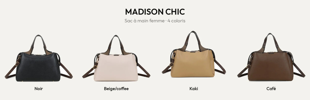 Sac à main femme Madison Chic en simili cuir grainé, coloris Noir, Beige/Coffee, Khaki et Coffee – Gallantry Paris – réf. M-9458