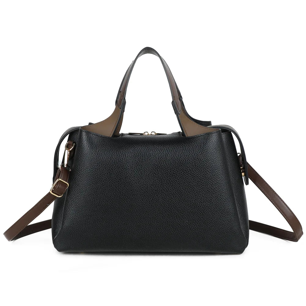 Dos du Madison Chic noir : simili cuir grainé uni et poignées marron bicolores – réf. M-9458