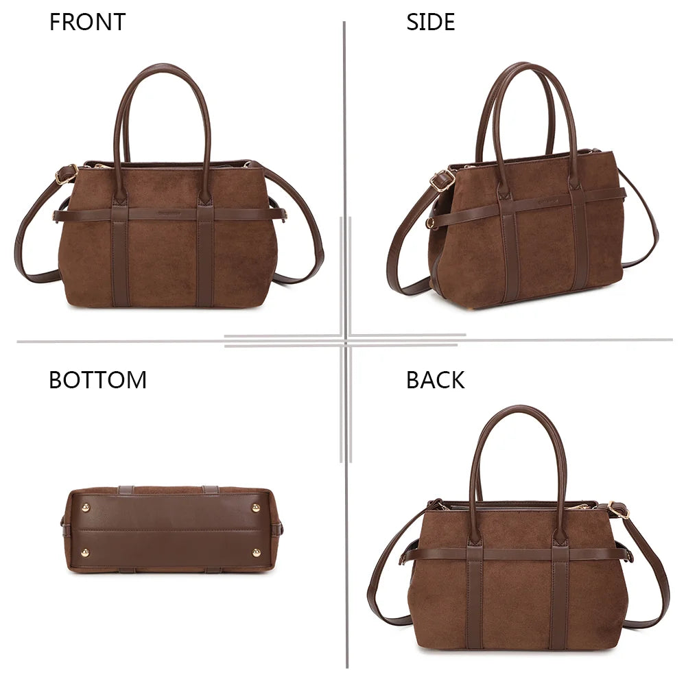Maëva café sous quatre angles : face, côté, dessous et dos du sac à l’aspect suédé – réf. R-2019