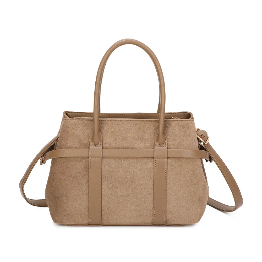 Dos du sac Maëva taupe foncé, bandes lisses verticales et surface à l’aspect suédé – réf. R-2019