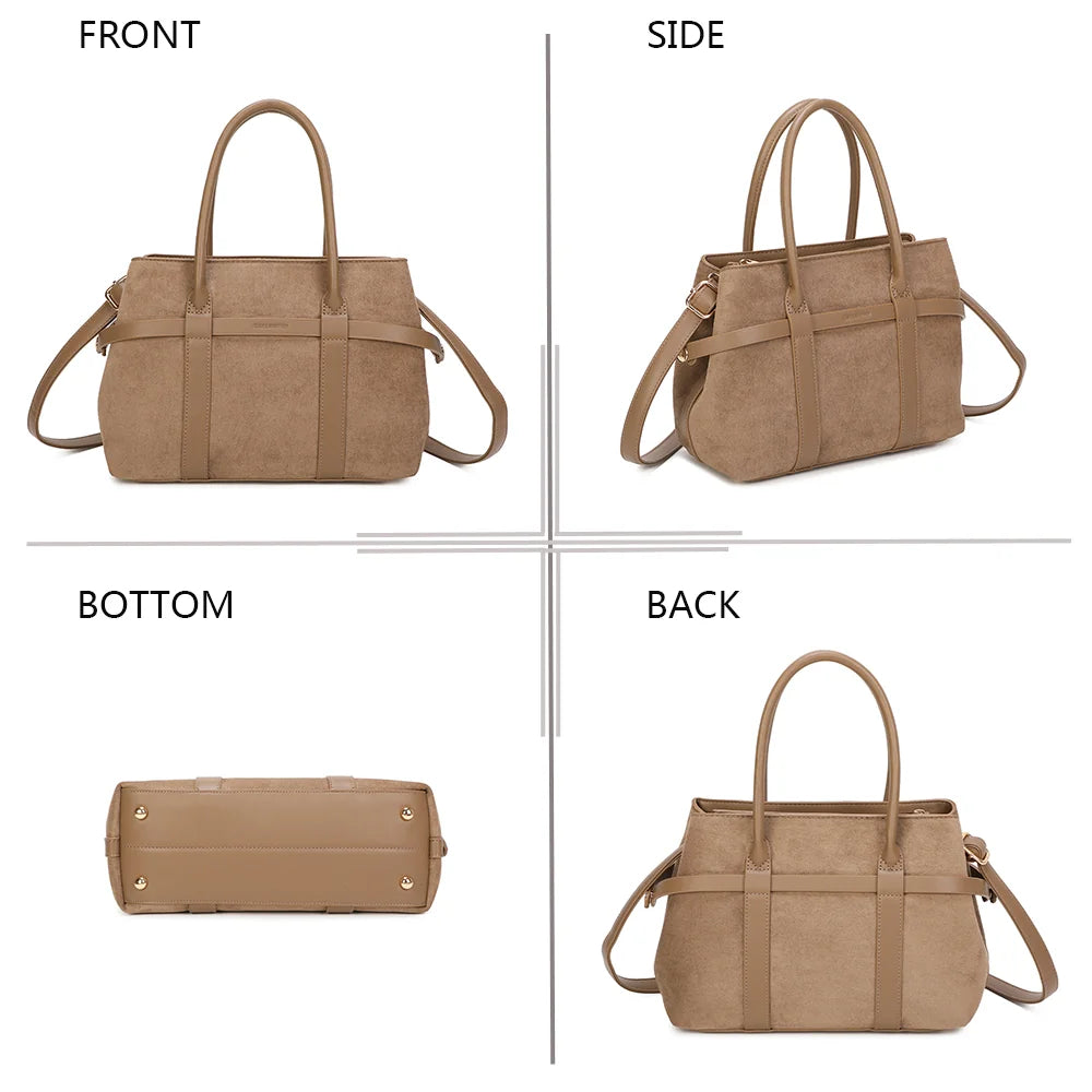 Maëva taupe foncé sous quatre angles : face, côté, dessous et dos du sac à l’aspect suédé – réf. R-2019