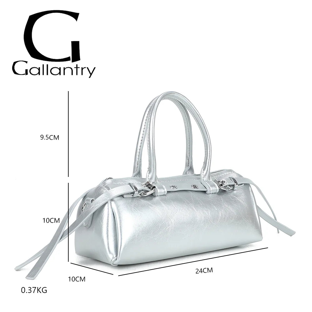 Dimensions du sac Maïa argent : 24 × 10 × 10 cm, anses de 9,5 cm, poids 0,37 kg – réf. KJ-62062