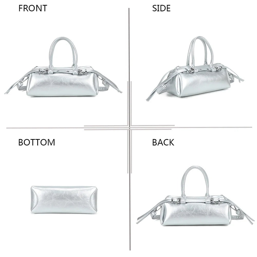 Maïa argent sous quatre angles : face, côté, dessous et dos du petit sac baril – réf. KJ-62062