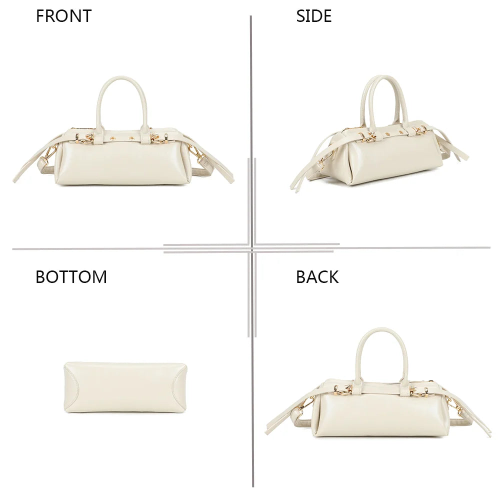 Maïa beige sous quatre angles : face, côté, dessous et dos du petit sac baril – réf. KJ-62062