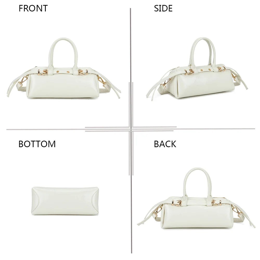 Maïa blanc sous quatre angles : face, côté, dessous et dos du petit sac baril – réf. KJ-62062