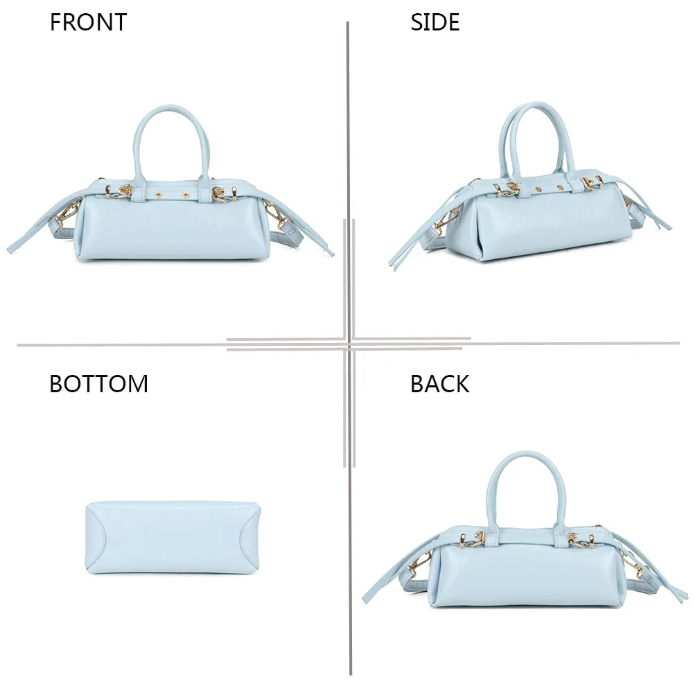 Maïa bleu clair sous quatre angles : face, côté, dessous et dos du petit sac baril – réf. KJ-62062