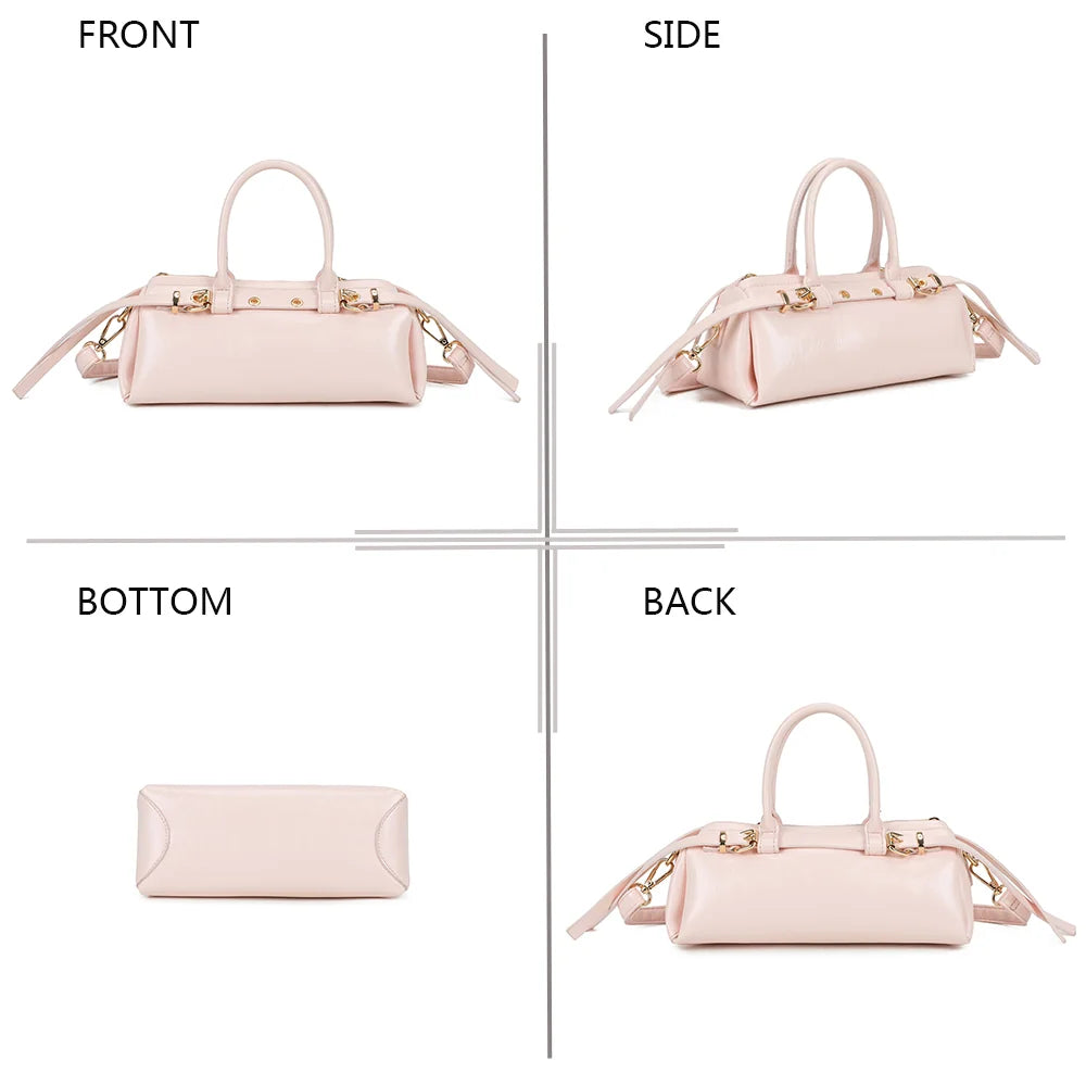 Maïa rose sous quatre angles : face, côté, dessous et dos du petit sac baril – réf. KJ-62062