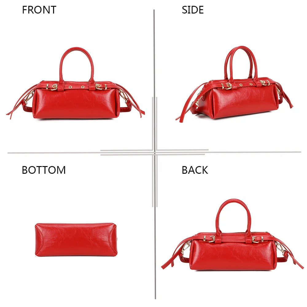 Maïa rouge sous quatre angles : face, côté, dessous et dos du petit sac baril – réf. KJ-62062