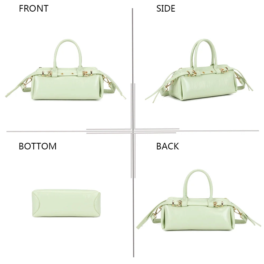 Maïa vert clair sous quatre angles : face, côté, dessous et dos du petit sac baril – réf. KJ-62062