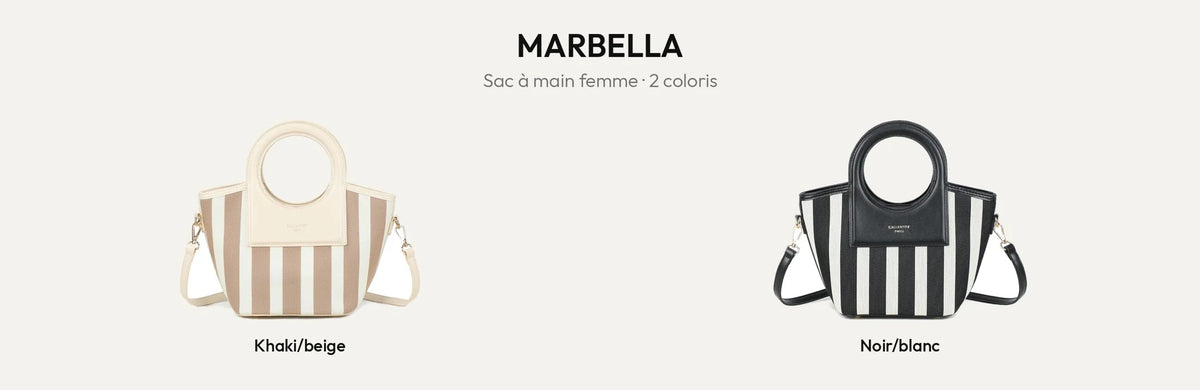 Sac à main femme Marbella rayé en coloris Khaki/Beige et Noir/Blanc – Gallantry Paris – réf. DG-5820