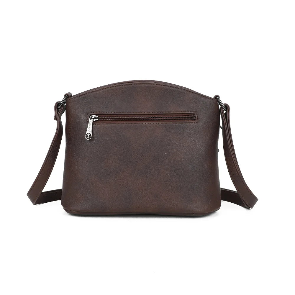 Dos du Marceau café, simili cuir grainé et anneaux métalliques d’attache de la bandoulière – réf. M-9263-5