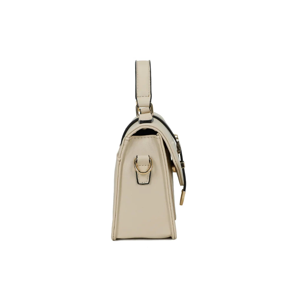 Profil du Marina beige/taupe : 8,5 cm de profondeur et un anneau doré pour accrocher la bandoulière – réf. C-0160-1