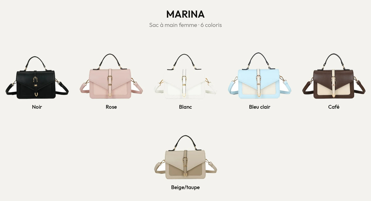 Le sac à main Marina dans ses 6 coloris : Noir, Rose, Blanc, Bleu Clair, Coffee et Beige/Taupe – Gallantry Paris – réf. C-0160-1
