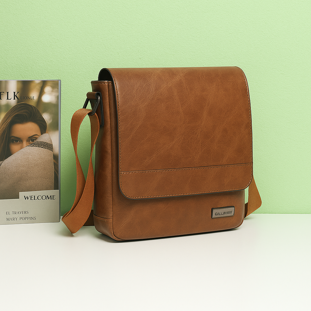 Sac bandoulière Marvik marron en simili cuir vieilli posé dans un décor – visuel d'ambiance créé avec l'IA – Gallantry Paris