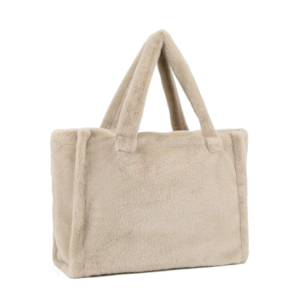 Mélya khaki/beige de trois-quarts : volume du cabas en fausse fourrure et soufflets latéraux – réf. DG-5802