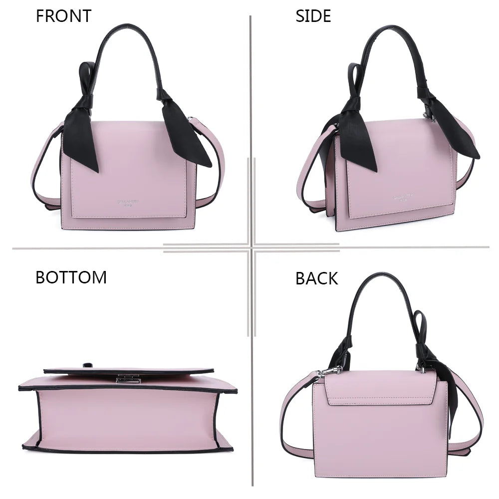 Mignonne rose sous quatre angles : face, côté, dessous et dos du petit sac à main à nœuds – réf. R-1551